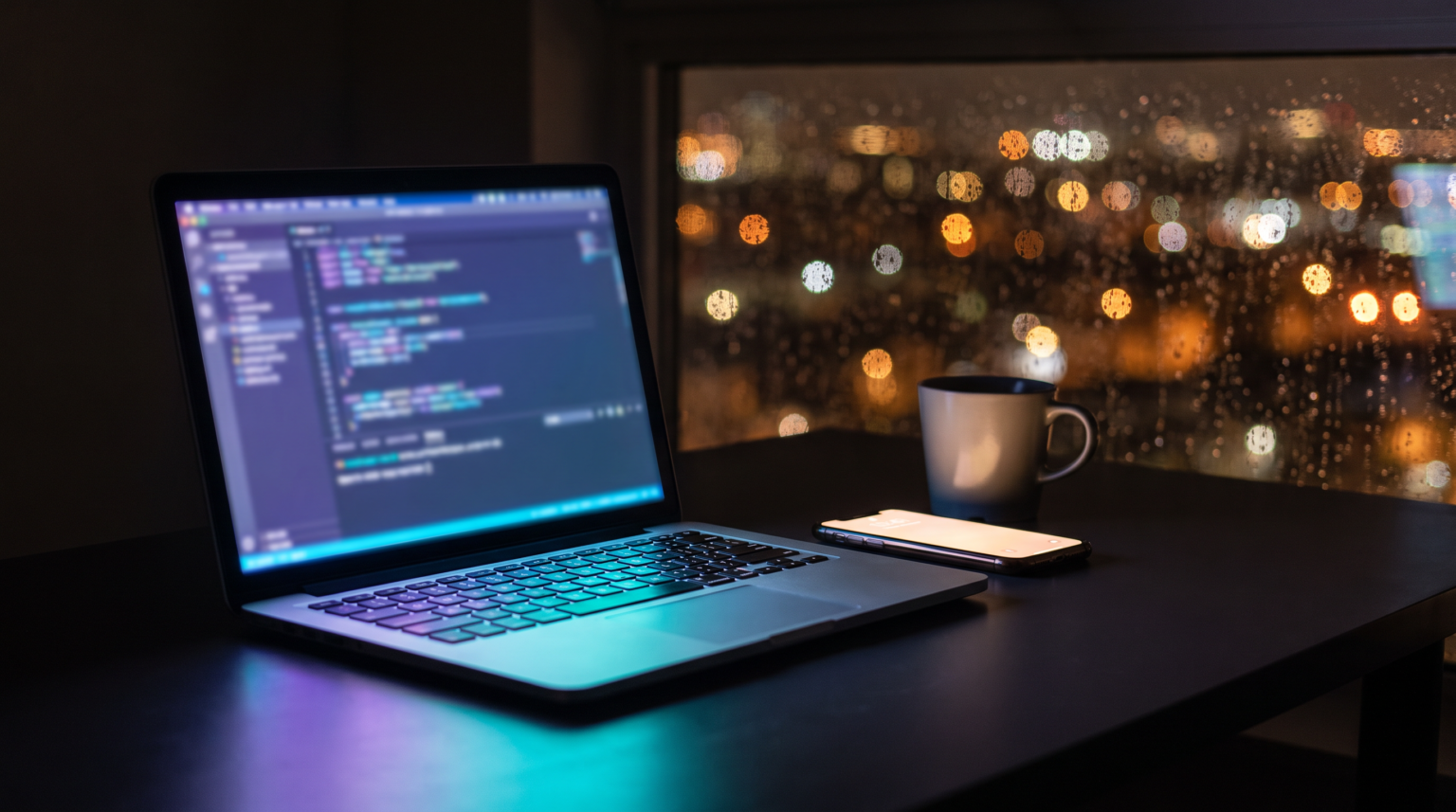 Codex dans le cloud : bureau de développeur de nuit avec ordinateur portable et smartphone