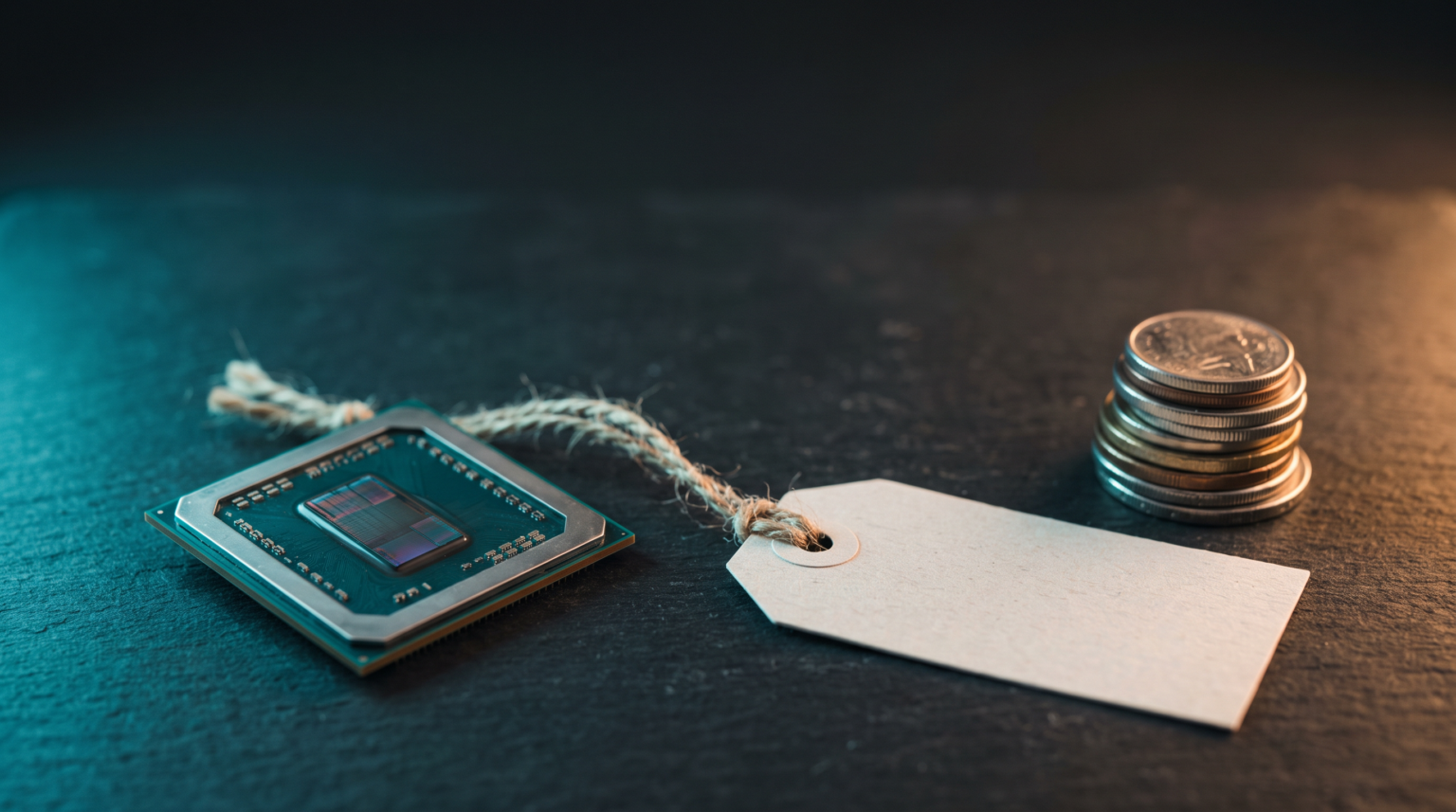 GPT-6.1 Sol : OpenAI promet Astra à un cinquième du prix, lisons les petites lignes GPT-6.1 Sol : puce électronique posée à côté de pièces de monnaie et d'une étiquette de prix vierge