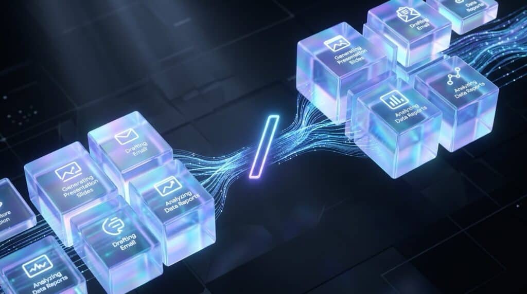 Gemini Skills : blocs de cristal translucides représentant des compétences réutilisables, reliés par une barre oblique lumineuse