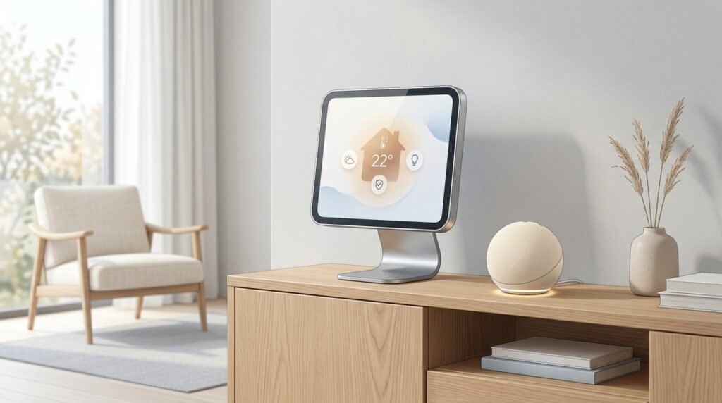 Apple HomeView : écran connecté, Apple TV 4K et HomePod mini 2 Apple HomeView : illustration conceptuelle d'un écran connecté domestique sur fond clair pastel