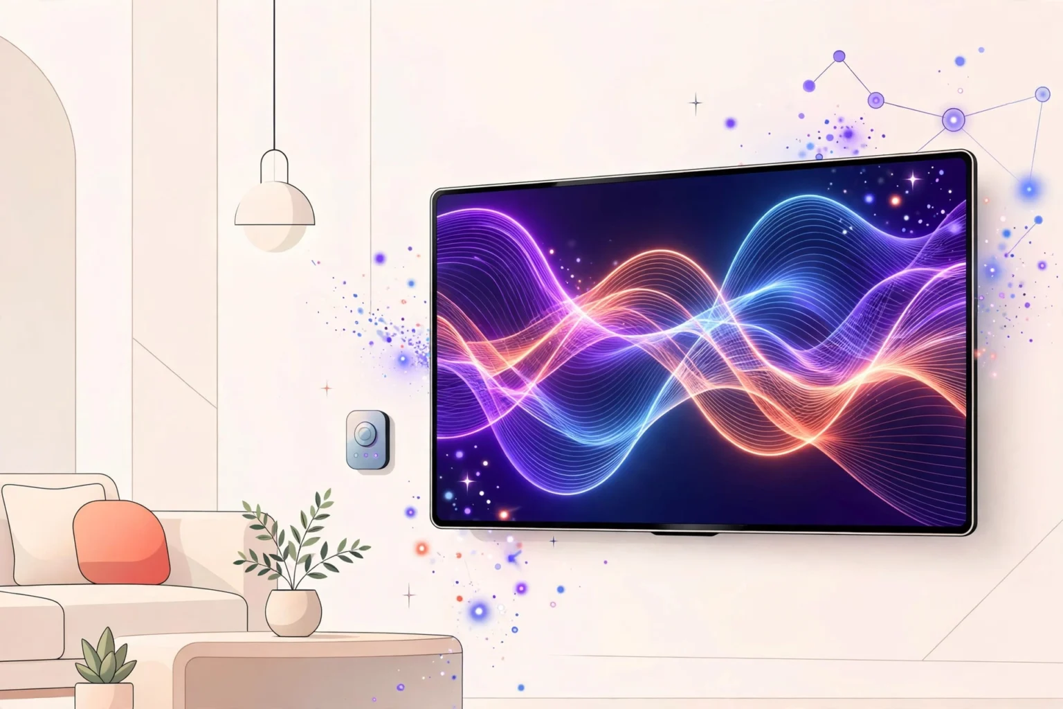 Apple Intelligence Apple TV : concept visuel de Siri IA et d'intelligence artificielle sur téléviseur de salon