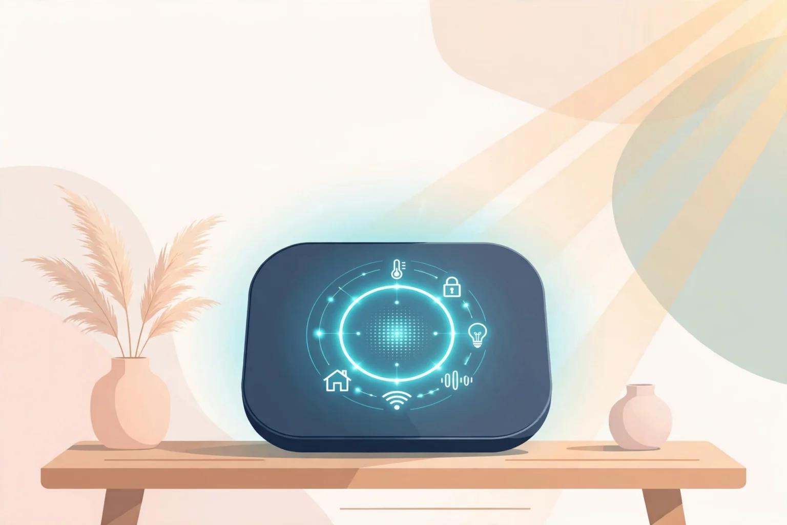 Apple Welcome Home : illustration d'un hub domotique avec écran connecté et assistant vocal dans un salon moderne.