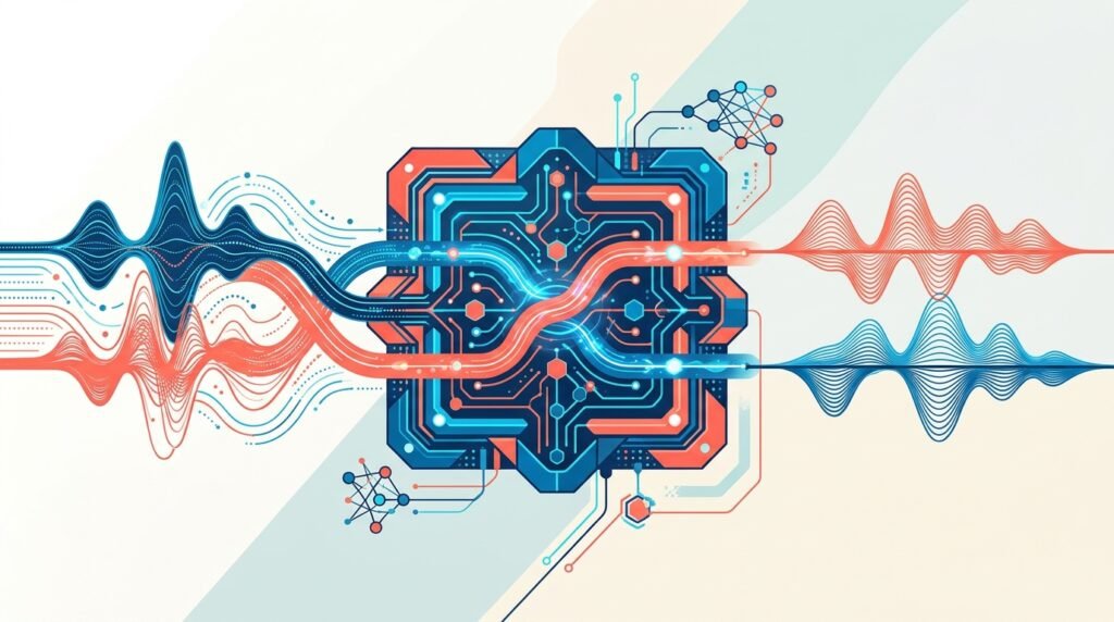 Block Dessa : le modèle vocal full-duplex entraîné sans texte Block Dessa : ondes sonores et processeur neuronal du modèle vocal full-duplex sans texte