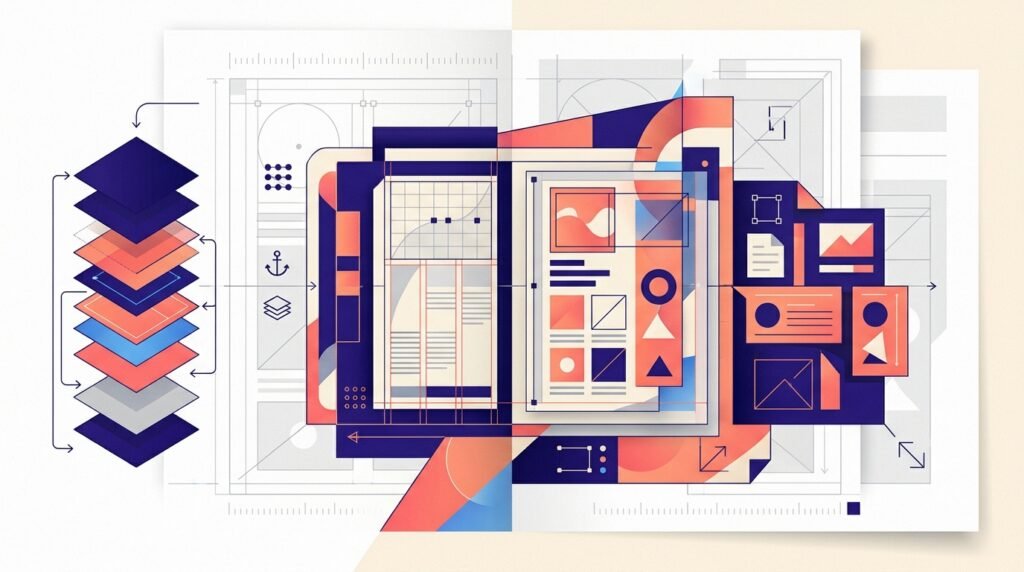 Canva Craft : illustration éditoriale représentant la génération graphique vectorielle et la planification créative en calques