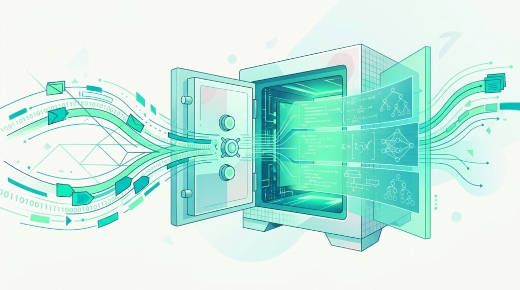 chercheurs OpenAI : illustration éditoriale sur fond pastel représentant des flux de données et la sécurité