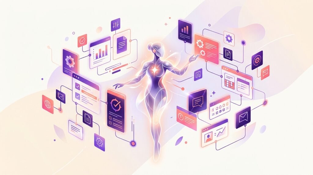 Claude Duet, illustration éditoriale représentant l'agent IA proactif d'Anthropic coordonnant des flux de travail dans le cloud
