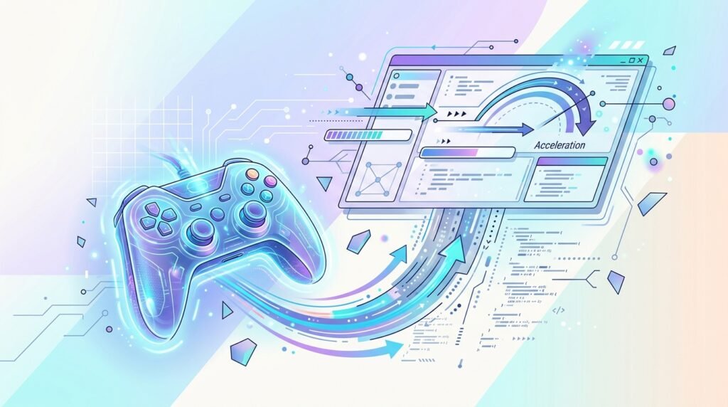 Epic Games Launcher : illustration conceptuelle d'une interface logicielle de jeu sur fond clair pastel
