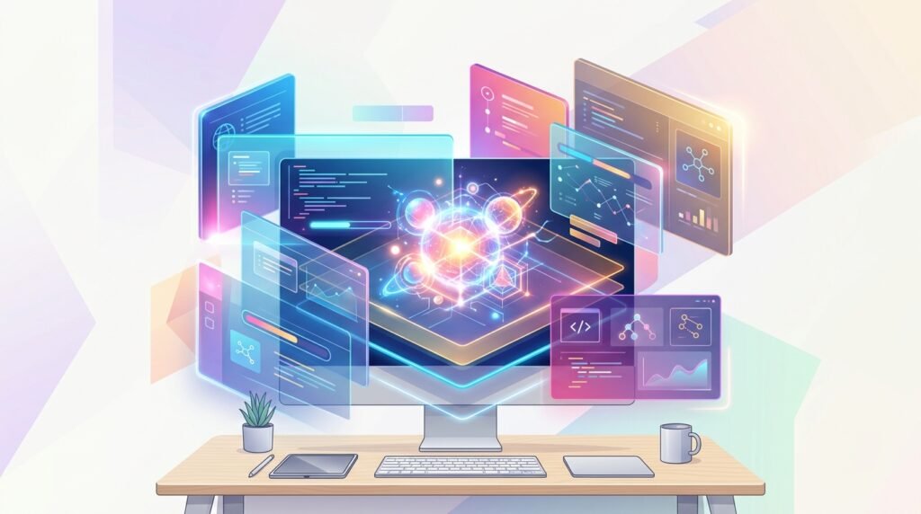 Gemini Computer Use : illustration d'un espace de travail agentique et de fenêtres applicatives interconnectées