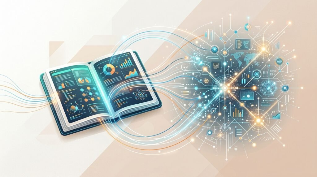 Gemini Notebook Connected App illustration éditoriale d'un carnet de notes numérique relié par des flux lumineux