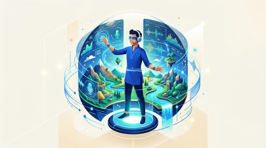 Google Genie 4 illustration éditoriale de la simulation de monde interactif avec audio en temps réel