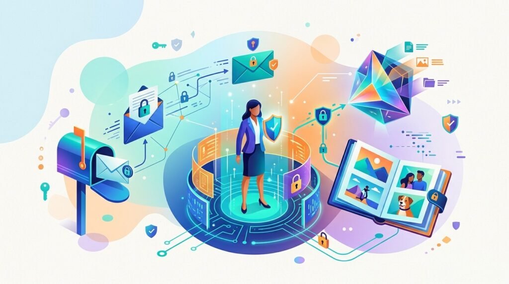 Google Personal Intelligence représenté sous la forme d'un coffre de données épuré et de prismes pastels sur fond clair