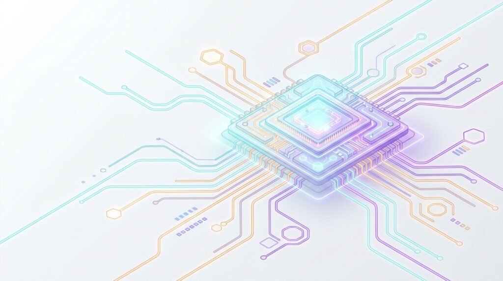 Google TorchTPU : le géant ouvre PyTorch sur ses puces TPU Google TorchTPU : illustration conceptuelle d'un processeur d'intelligence artificielle et de circuits intégrés sur fond pastel épuré.