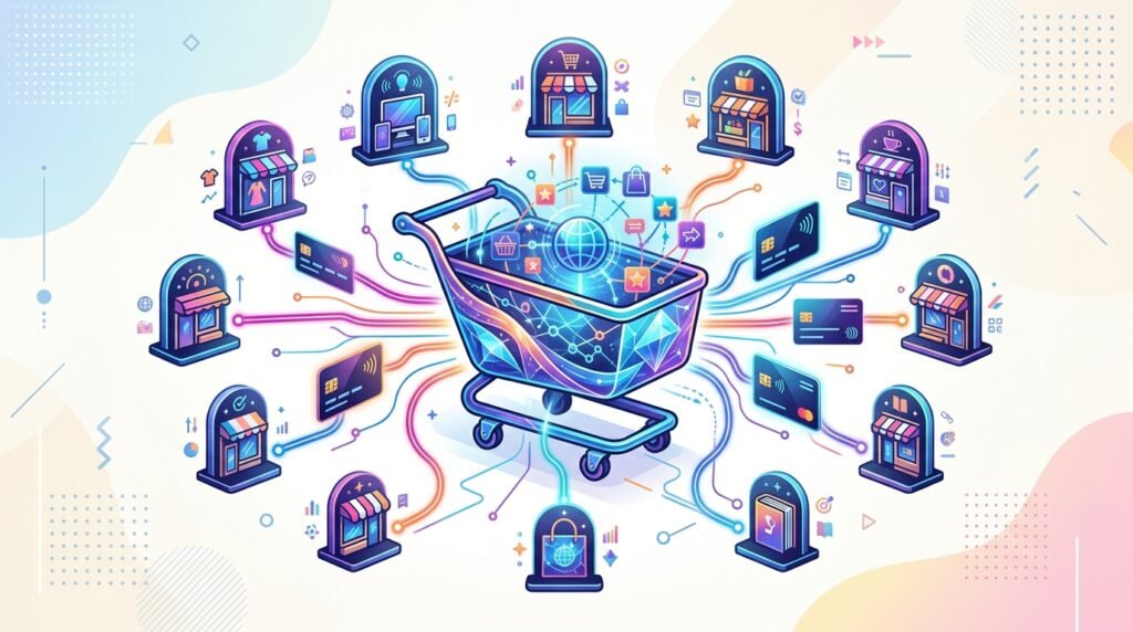 Google Universal Cart représenté sous la forme d un panier d achat numérique intelligent reliant des boutiques en ligne