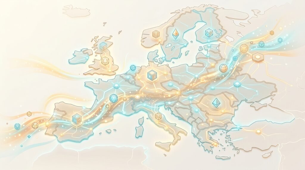 IA agentique en Europe : l’étude choc d’OpenAI sur les entreprises IA agentique en Europe : illustration conceptuelle de flux de données et d'automatisation sur fond clair pastel