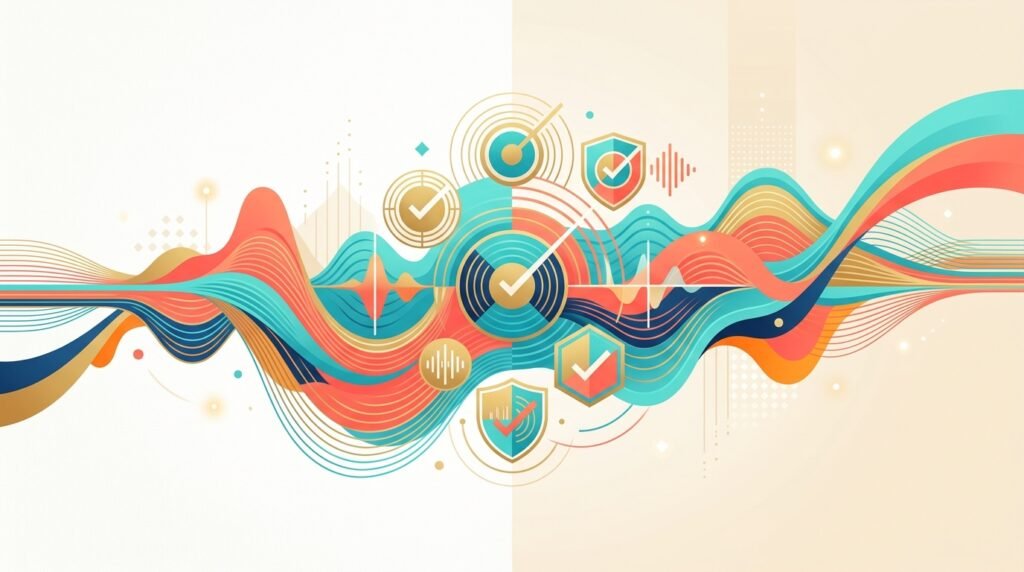 musique IA YouTube Music : ondes sonores stylisées et badge de certification numérique