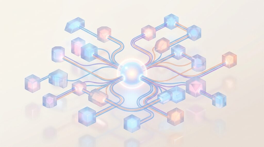 Notion 3.8 : 150 outils connectés via MCP et forfait ChatGPT lié Notion 3.8 : illustration conceptuelle d'interconnexion d'agents autonomes via MCP sur fond clair pastel