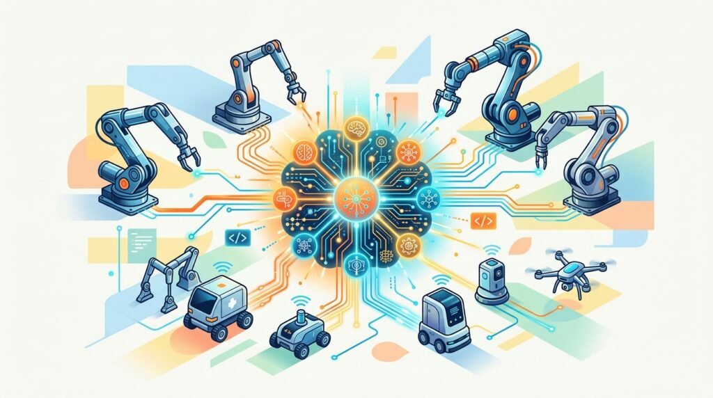 Physical Intelligence API : les modèles π0 arrivent pour tous les robots Physical Intelligence API illustrée par un réseau robotique modulaire sur fond pastel