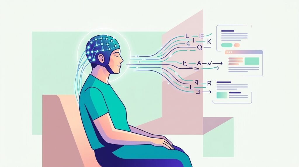 Sabi Cap : illustration vectorielle de la casquette BCI non invasive décodant les pensées en texte