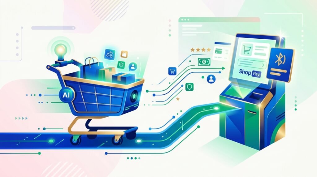 Shopify agents IA représenté par un panier d'achat numérique stylisé sur fond pastel lumineux