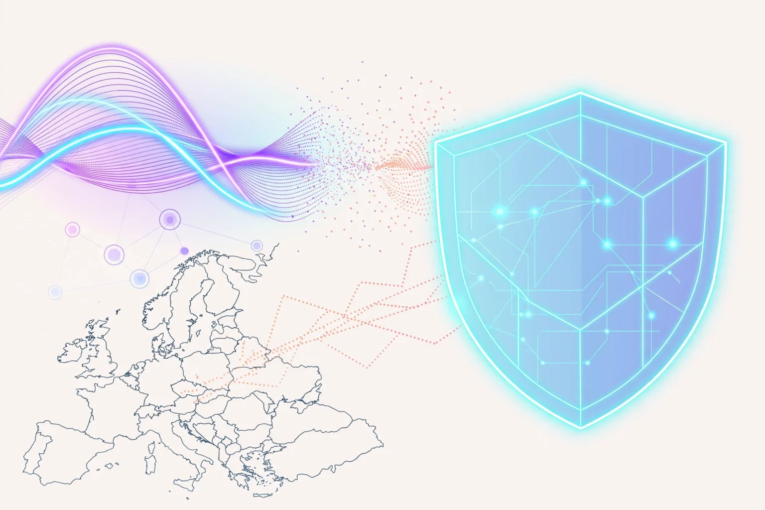 Siri IA en Europe : illustration de l'assistant vocal Apple avec onde lumineuse et bouclier de sécurité sur fond pastel.