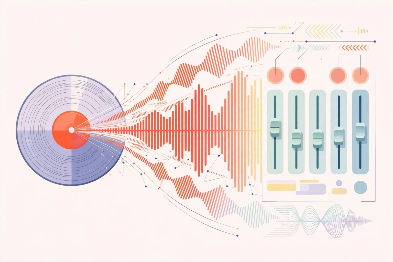 Stability AI musique : console audio et formes d'ondes vectorielles pastel