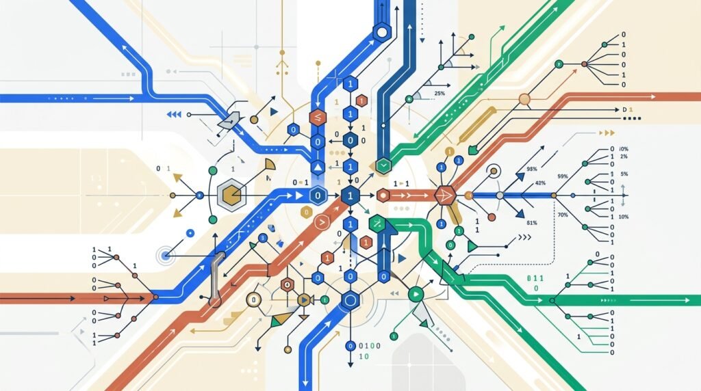 TypeSafe Jev : illustration vectorielle représentant les décisions algorithmiques directes et l'automatisation structurée sans texte