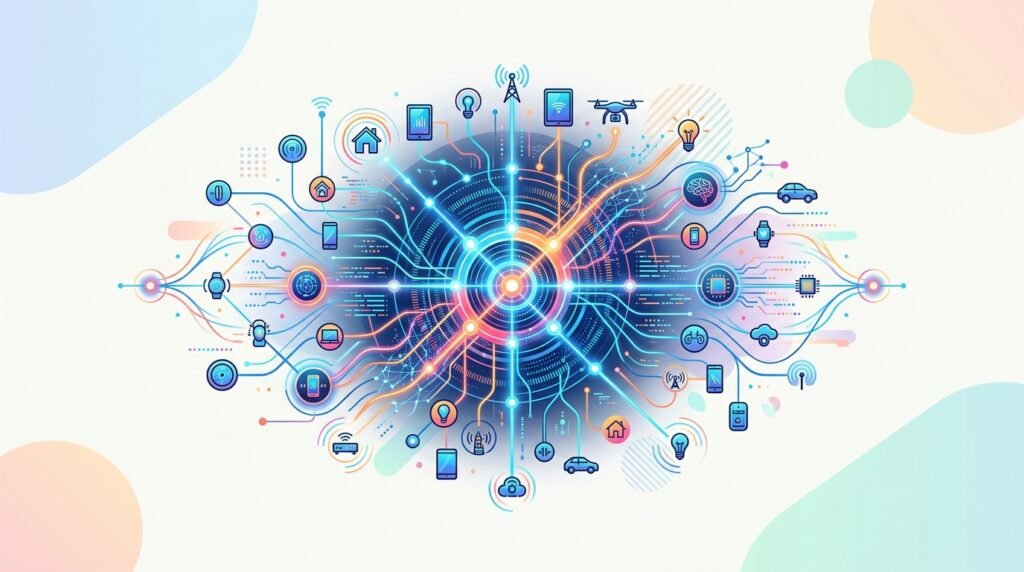 vers informatiques IA illustration de nœuds connectés et flux de poids distribués sur fond pastel lumineux